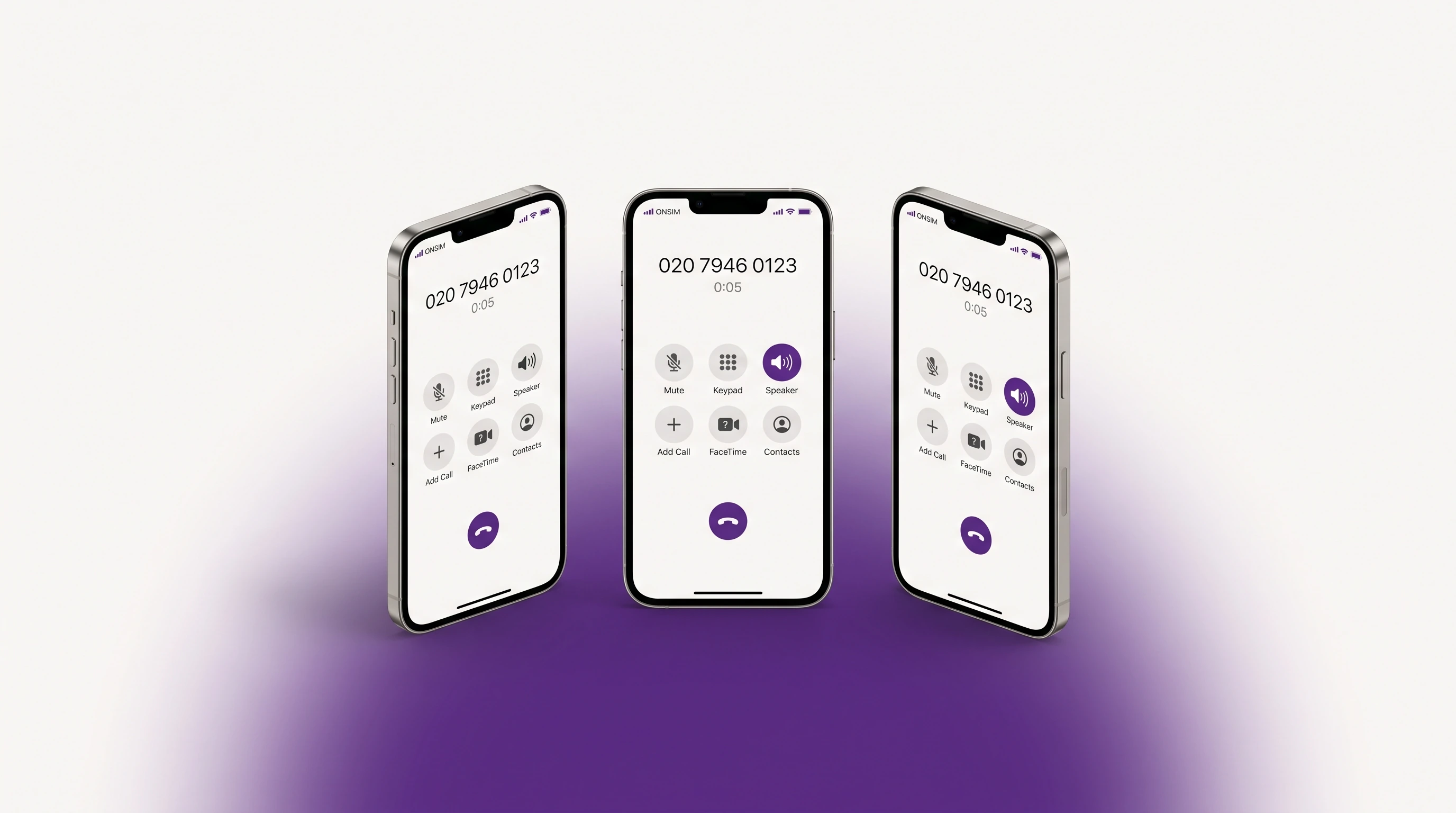 Three modern smartphones side-by-side, each showing the same UK landline number 020 7946 0123 active on the ONSIM network — your number on the device you already own