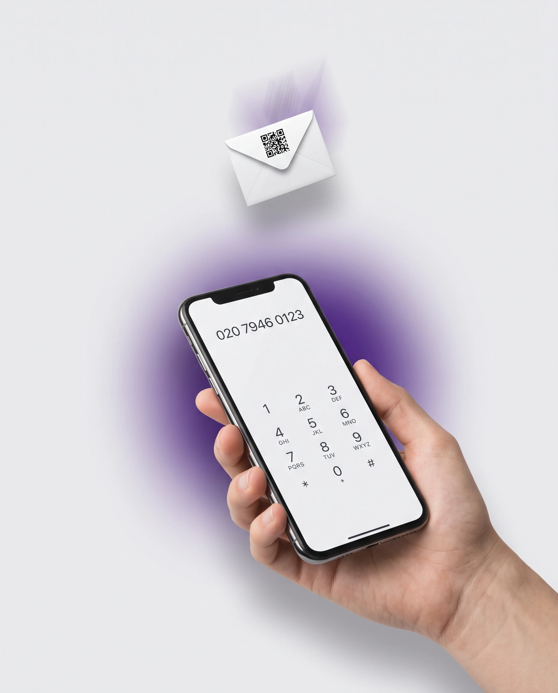 ONSIM Landline eSIM activation: smartphone showing a UK landline number with an emailed QR-code envelope above it